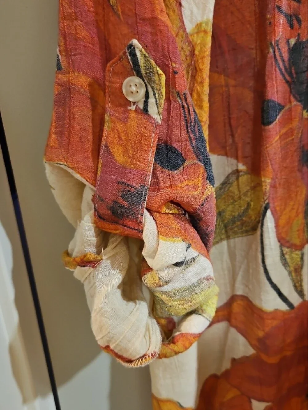 Floral Button-Front Blouse in Orange and Cream